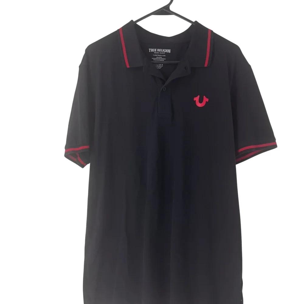 True Religion Mens Black Red Graphic Logo Short Sleeve Polo Shirt XL